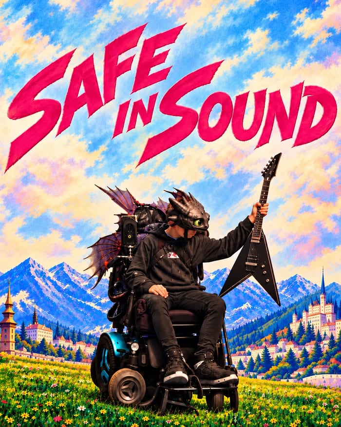 Safe in Sound festival poster. The words "Safe in Sound" in hot-pink brush lettering across a painted sky, above a musician in a power wheelchair, wearing a dragon mask and wings, who raises a black flying-V electric guitar in a flowering meadow with snowy mountains and castles behind.